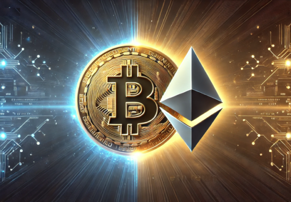 DALL·E-2024-06-21-08.02.27-A-visually-striking-image-in-wide-format-showcasing-the-Bitcoin-and-Ethereum-logos-facing-off.-The-Bitcoin-logo-is-on-the-left-golden-and-shiny-whil