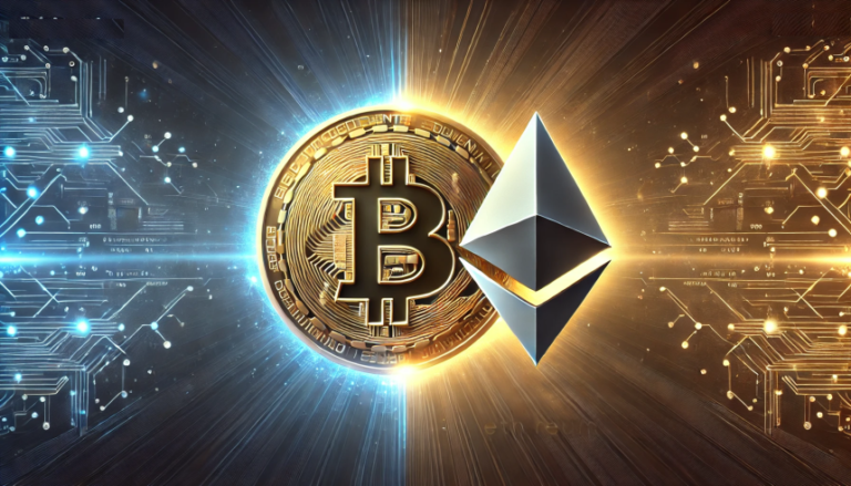 DALL·E-2024-06-21-08.02.27-A-visually-striking-image-in-wide-format-showcasing-the-Bitcoin-and-Ethereum-logos-facing-off.-The-Bitcoin-logo-is-on-the-left-golden-and-shiny-whil